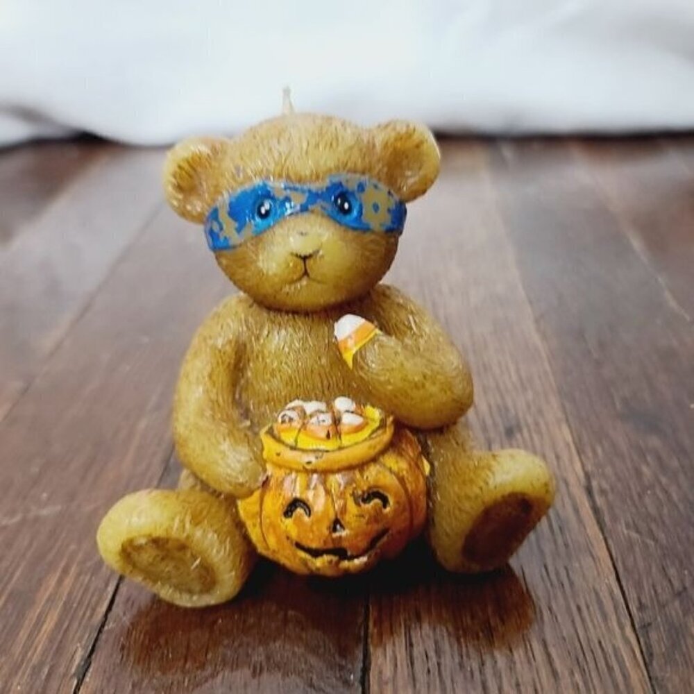 Vintage Halloween Teddy Bear Mask Pumpkin Novelty Candle Unlit
